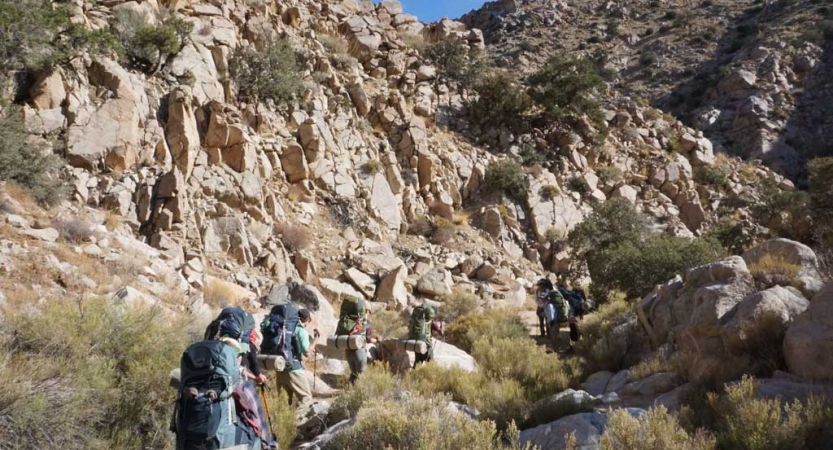 A group of backpackers hike through a rocky landscape. 