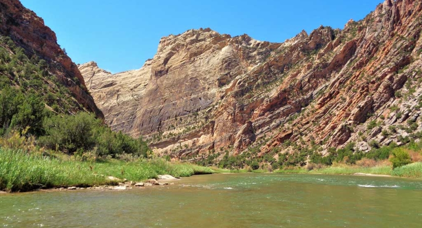 A river winds through red canyon walls