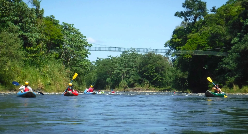 people wearing safety gear paddle water craft on calm water.