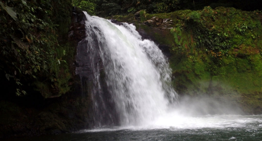 a waterfall flows over moss covered rock.